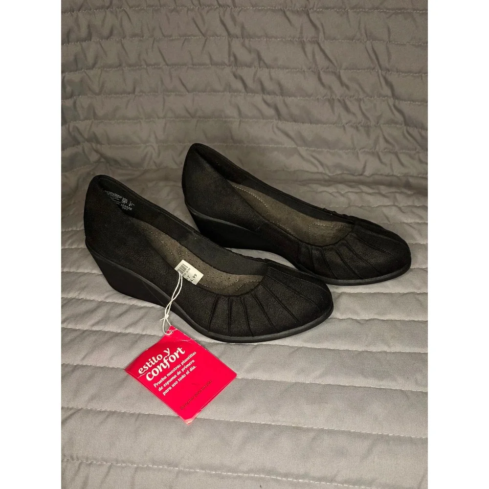 1016 Dexflex Comfort Black Fabric Pleated Round Toe Wedge Pumps Shoes 7 164450